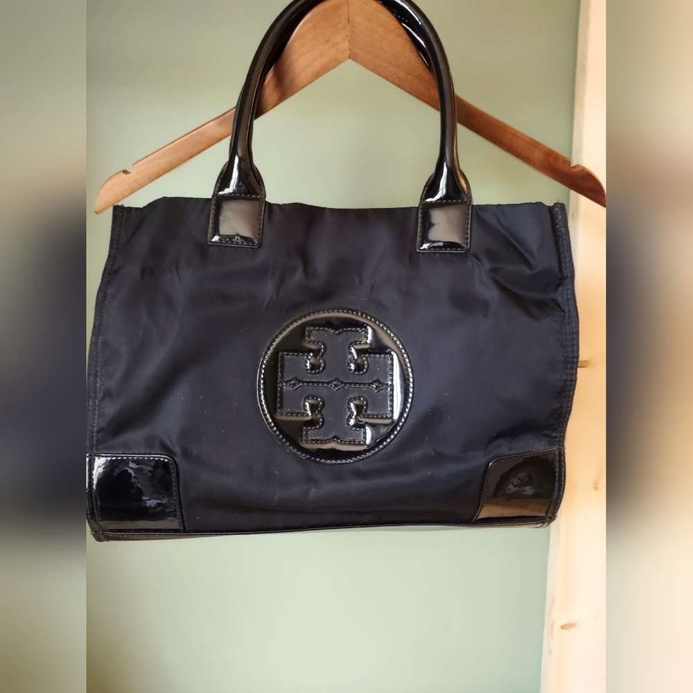 Tory Burch Black Nylon Tote with Patent Trim and Logo Medallion